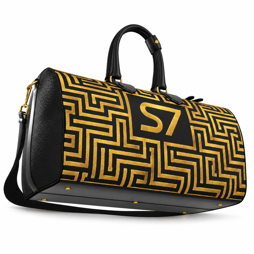 S7 Golden Labyrinth bag featuring antique-gold maze artwork surrounding a centered gold S7 monogram on black.