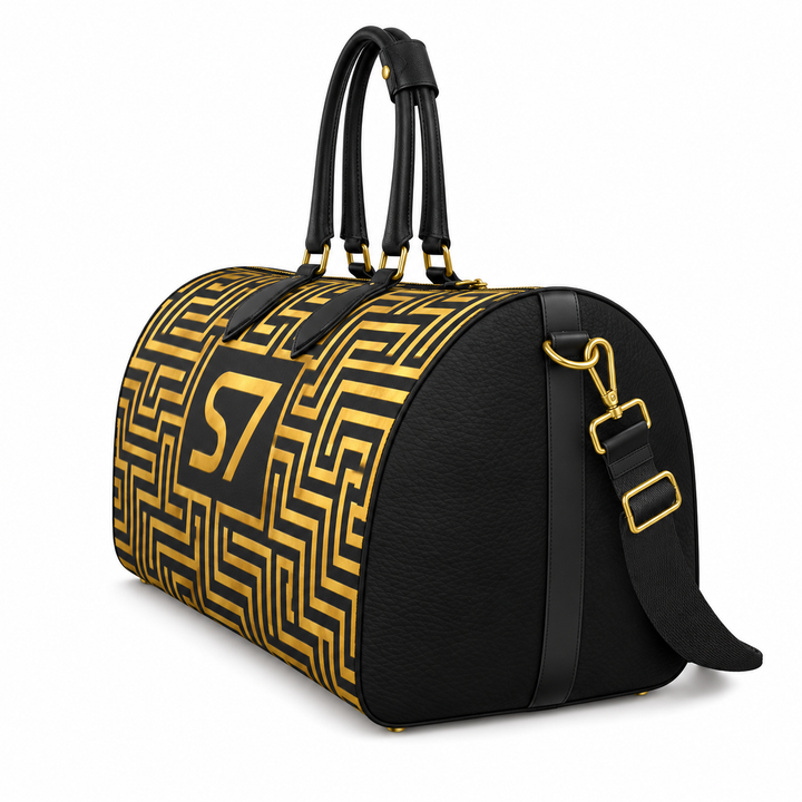 S7 Golden Labyrinth bag featuring antique-gold maze artwork surrounding a centered gold S7 monogram on black.