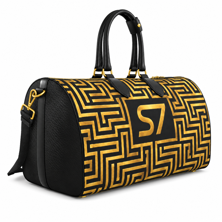 S7 Golden Labyrinth bag featuring antique-gold maze artwork surrounding a centered gold S7 monogram on black.