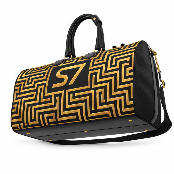 S7 Golden Labyrinth bag featuring antique-gold maze artwork surrounding a centered gold S7 monogram on black.