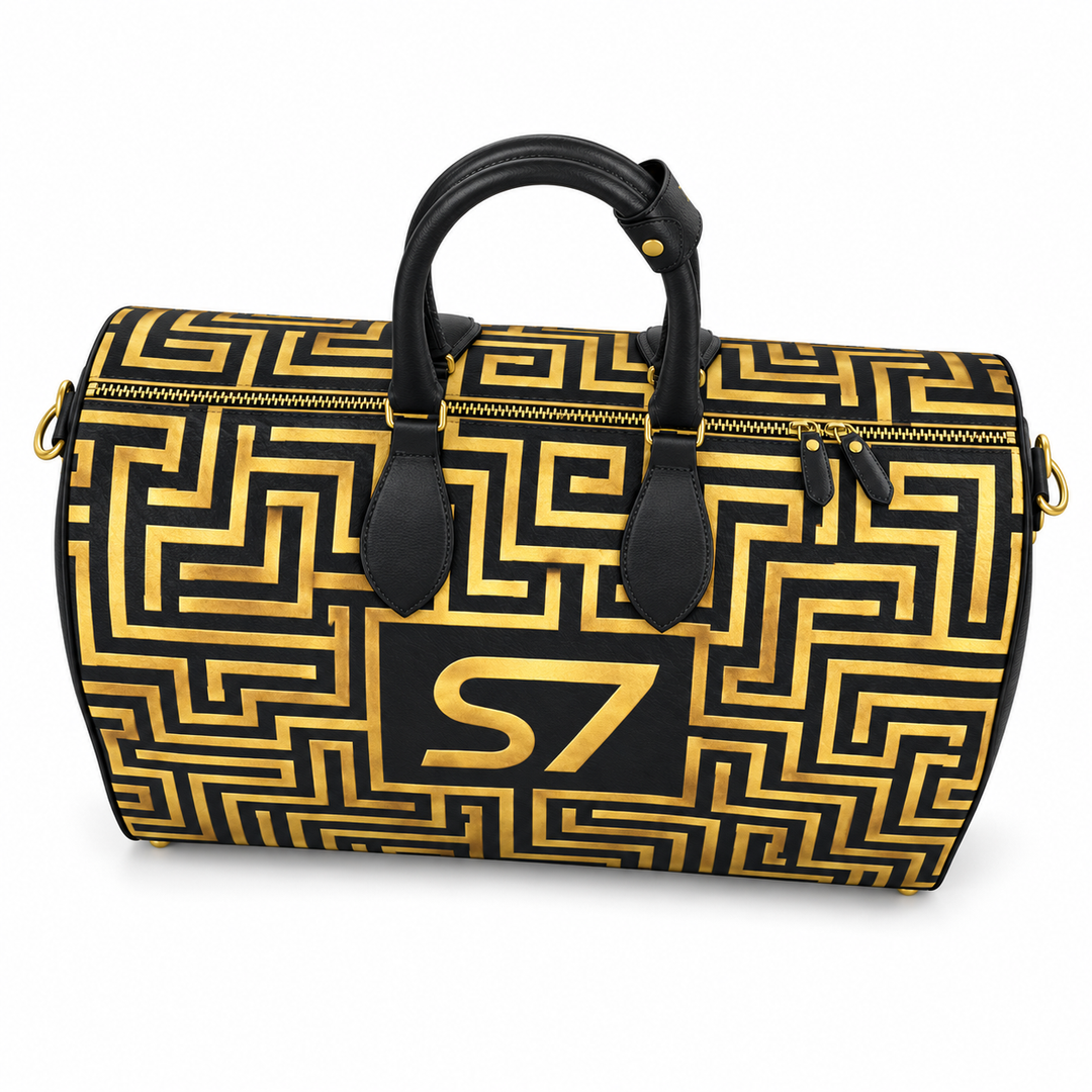 S7 Golden Labyrinth bag featuring antique-gold maze artwork surrounding a centered gold S7 monogram on black.