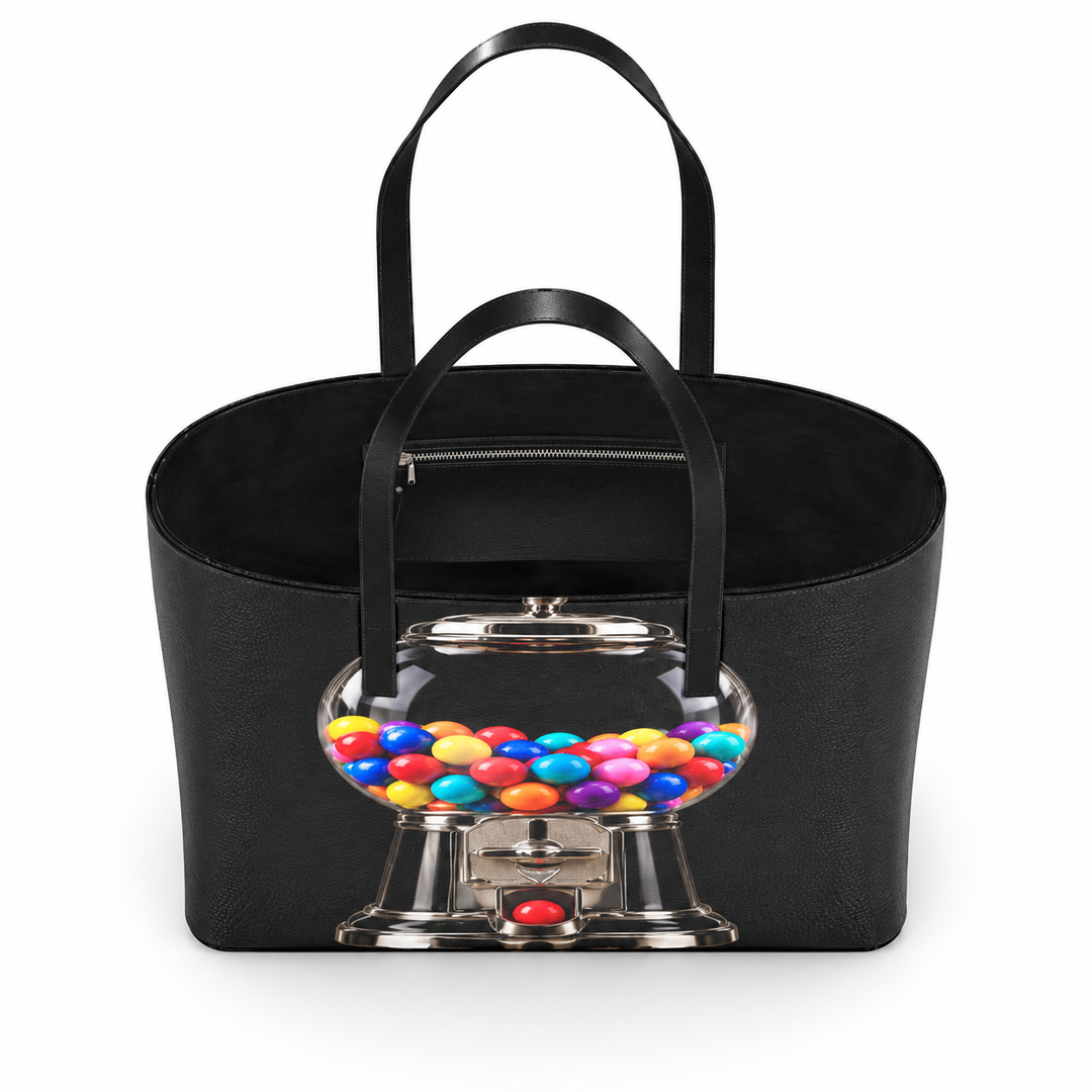 S7 Sweet Release black leather tote with colorful gumball machine artwork, printed chrome details and black handles.