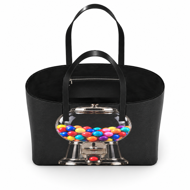 S7 Sweet Release black leather tote with colorful gumball machine artwork, printed chrome details and black handles.
