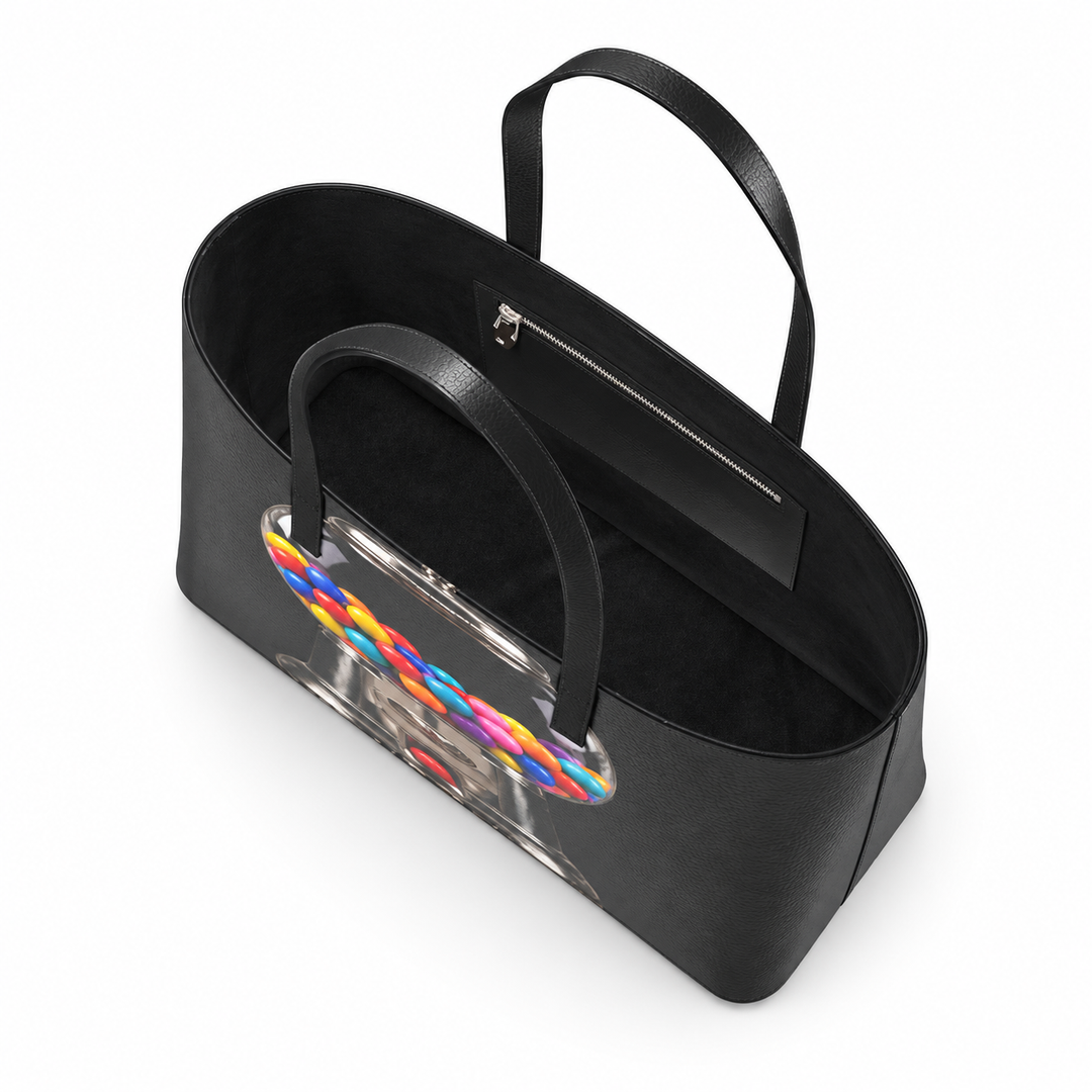 S7 Sweet Release black leather tote with colorful gumball machine artwork, printed chrome details and black handles.