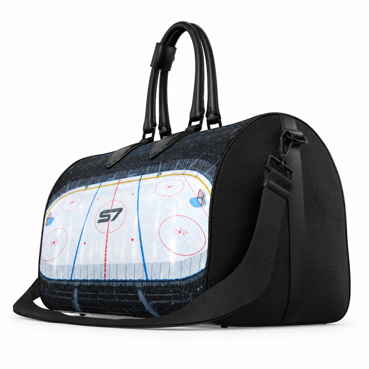 S7 Face Off leather duffle bag featuring illuminated hockey arena artwork with red and blue rink markings and an S7 center-ice monogram.