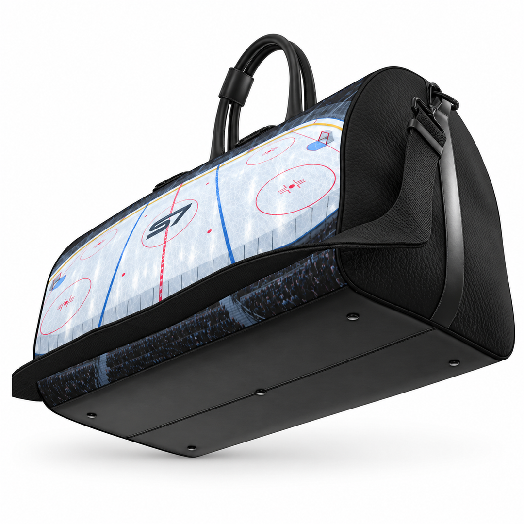 S7 Face Off leather duffle bag featuring illuminated hockey arena artwork with red and blue rink markings and an S7 center-ice monogram.