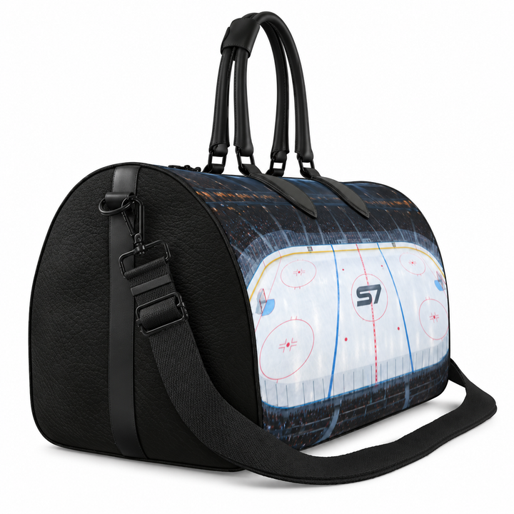 S7 Face Off leather duffle bag featuring illuminated hockey arena artwork with red and blue rink markings and an S7 center-ice monogram.