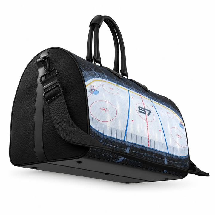 S7 Face Off leather duffle bag featuring illuminated hockey arena artwork with red and blue rink markings and an S7 center-ice monogram.
