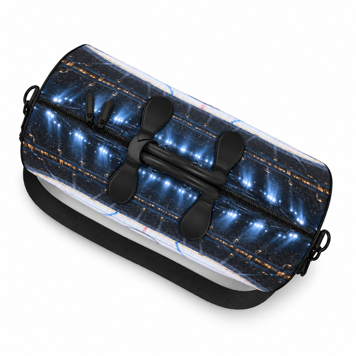 S7 Face Off leather duffle bag featuring illuminated hockey arena artwork with red and blue rink markings and an S7 center-ice monogram.