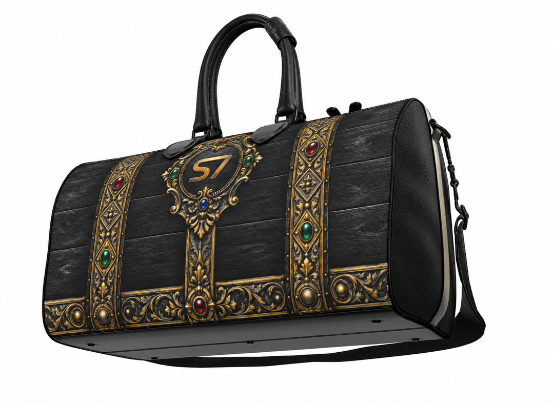 Base view: Lower view of the S7 Billion Noir leather duffle showing its black base and coordinating trim.