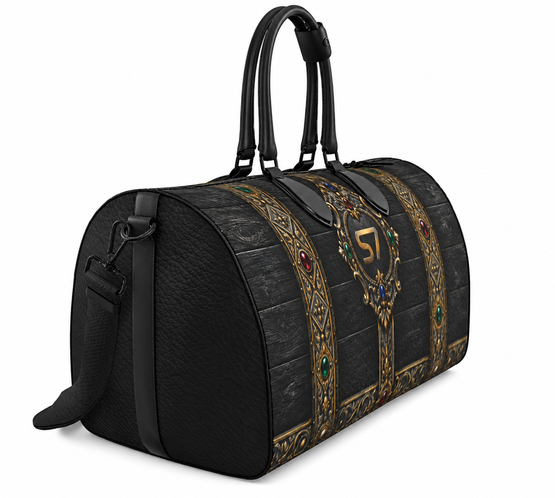 Angled view: S7 Billion Noir Treasury Edition duffle showing black leather end panels, handles and decorative printed artwork.