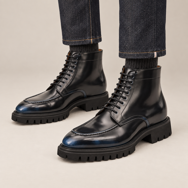 Blue-Black Apron-Toe Calf Leather Ankle Boots