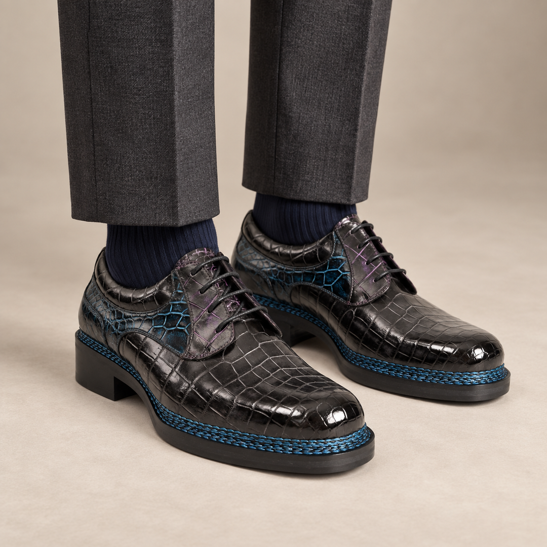 Blue-Black Apron-Toe Crocodile Leather Derby Shoes