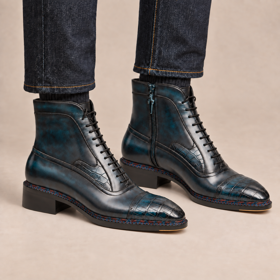 Blue-Black Cap-Toe Calf &amp; Crocodile Leather Ankle Boots