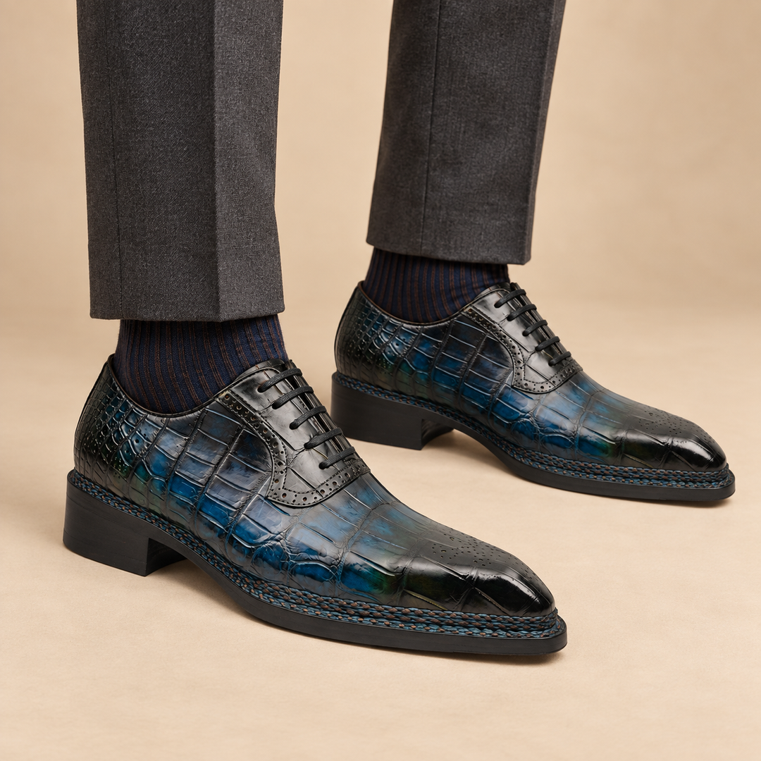 Blue-Black Crocodile Leather Derby Shoes