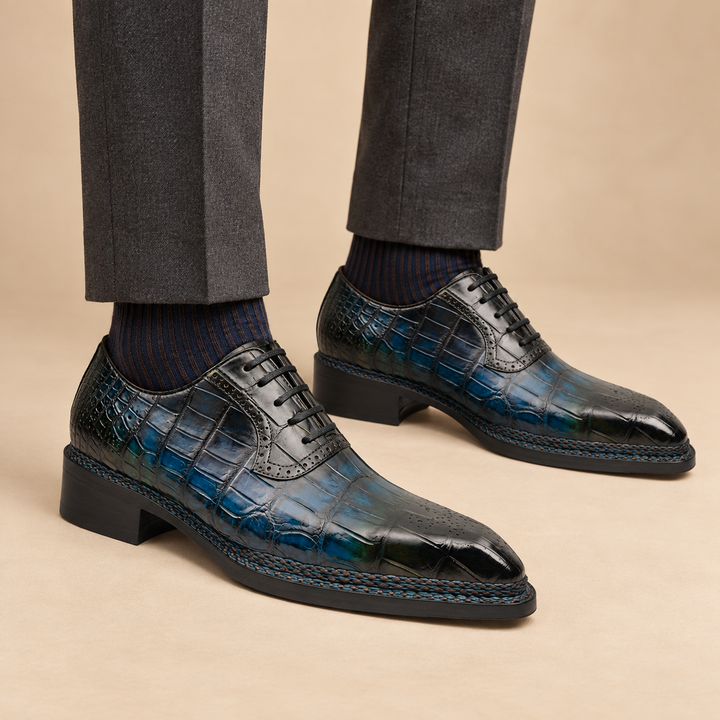 Blue-Black Crocodile Leather Derby Shoes