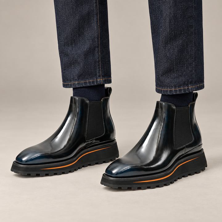 Blue-Black Plain-Toe Cow Leather Chelsea Boots