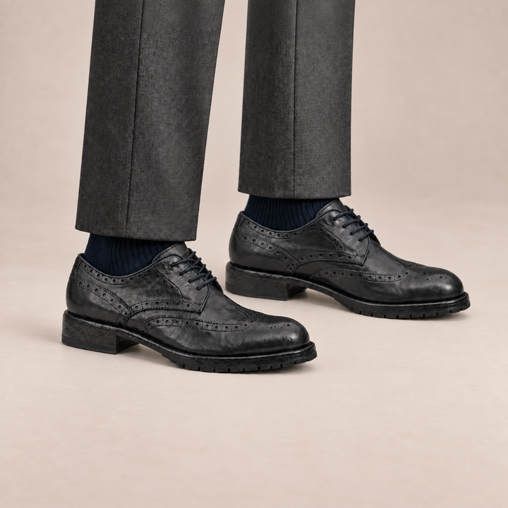 Blue-Black Wingtip Calf Leather Derby Shoes