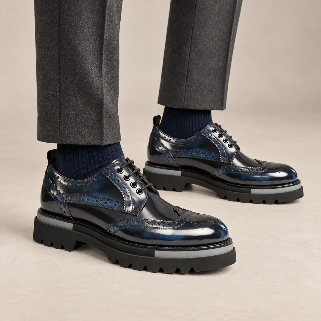 Blue-Black Wingtip Calf Leather Derby Shoes
