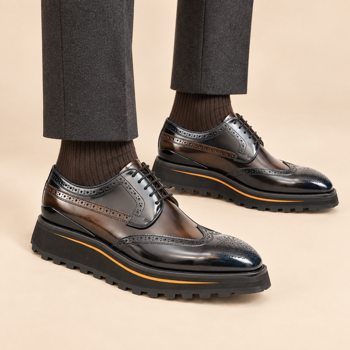 Blue-Brown Wingtip Calf Leather Derby Shoes
