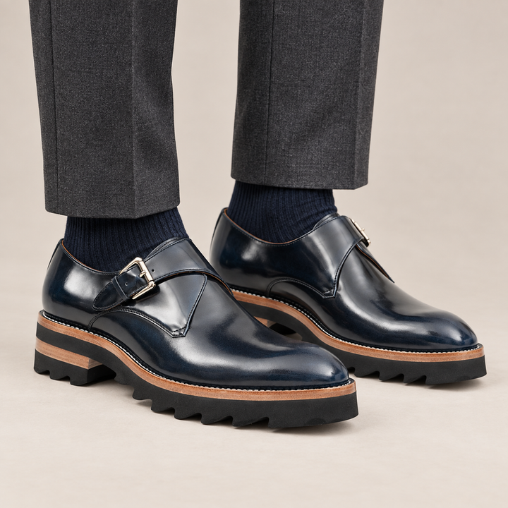 Blue Calf Leather Monk Shoes