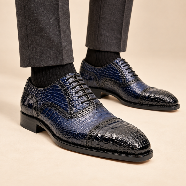 Blue Cap-Toe Crocodile Leather Oxford Shoes