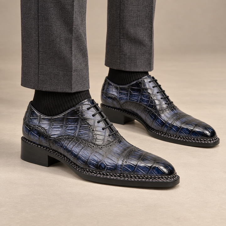 Blue Cap-Toe Crocodile Leather Oxford Shoes