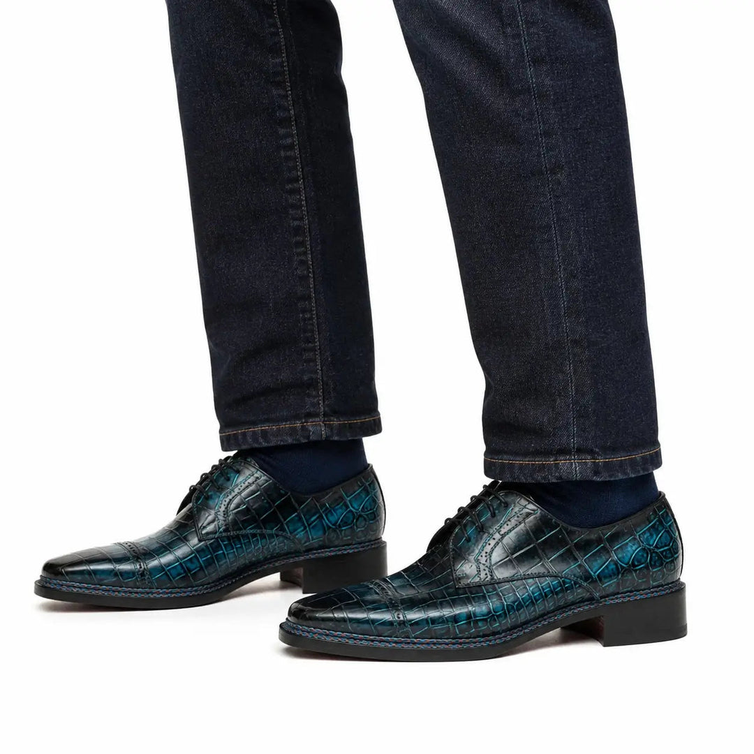 Blue Cap-Toe Crocodile Leather Derby Shoes