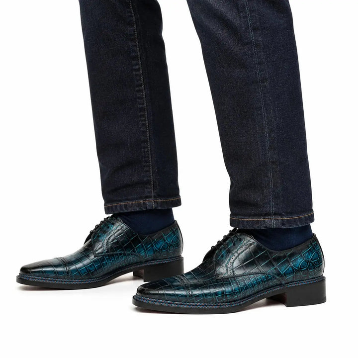 Blue Cap-Toe Crocodile Leather Derby Shoes