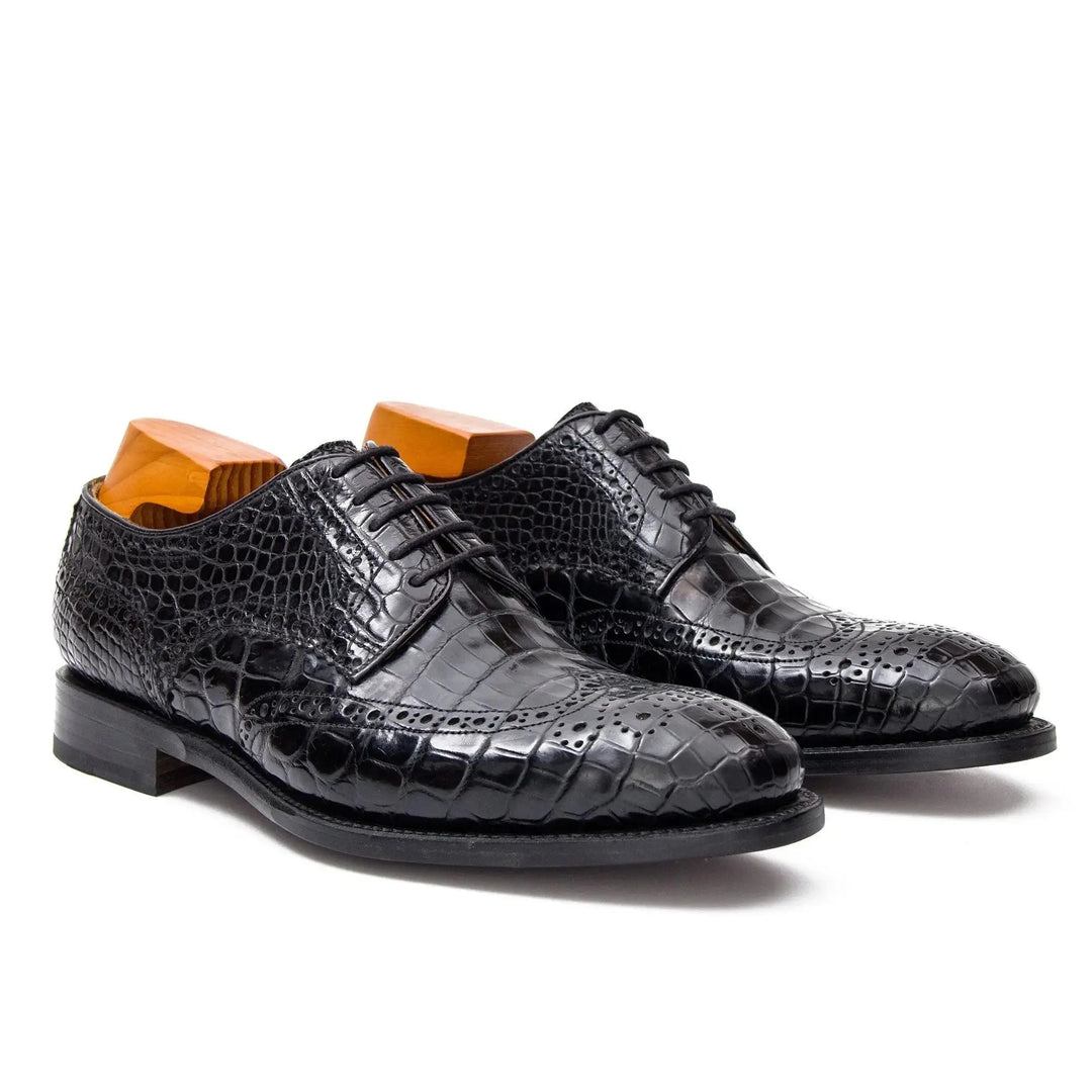 Black Wingtip Crocodile Leather Derby Shoes