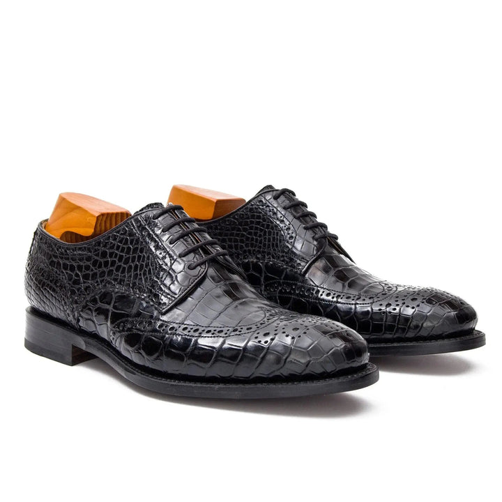 Black Wingtip Crocodile Leather Derby Shoes