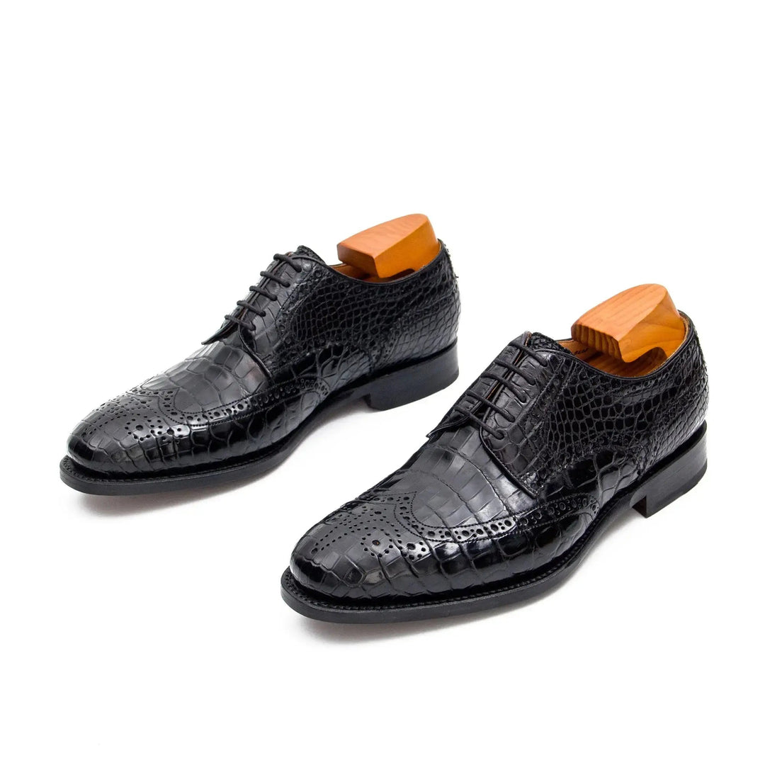 Black Wingtip Crocodile Leather Derby Shoes