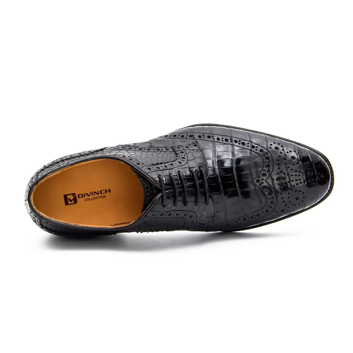 Black Wingtip Crocodile Leather Derby Shoes