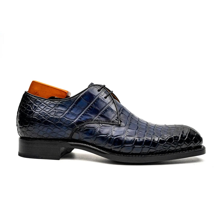 Blue Plain-Toe Crocodile Leather Derby Shoes