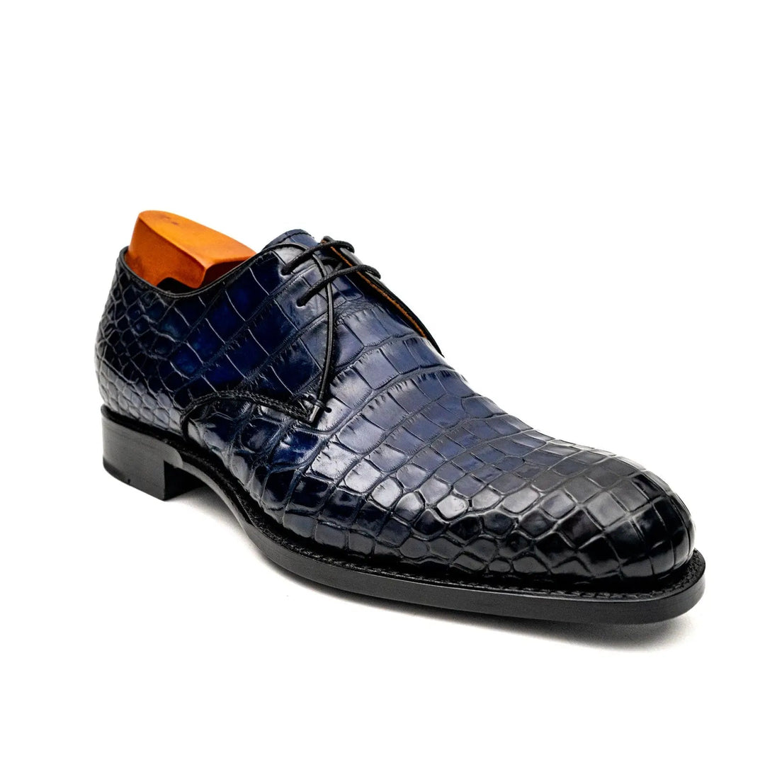 Blue Plain-Toe Crocodile Leather Derby Shoes