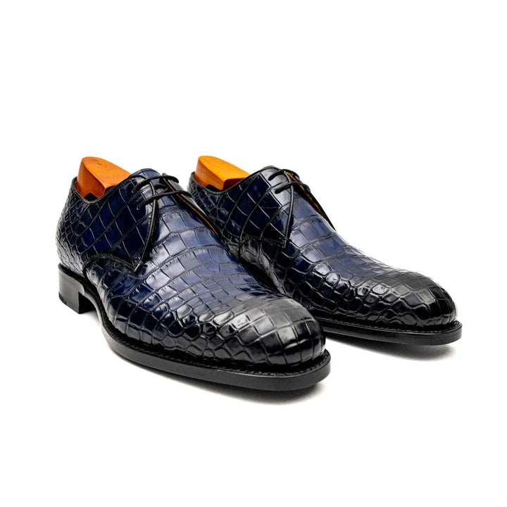 Blue Plain-Toe Crocodile Leather Derby Shoes
