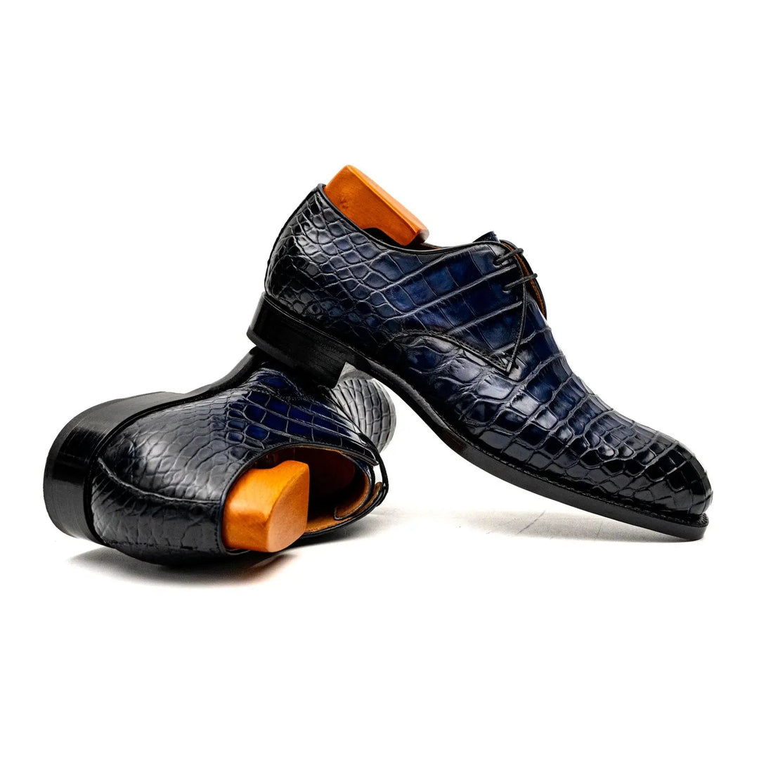 Blue Plain-Toe Crocodile Leather Derby Shoes