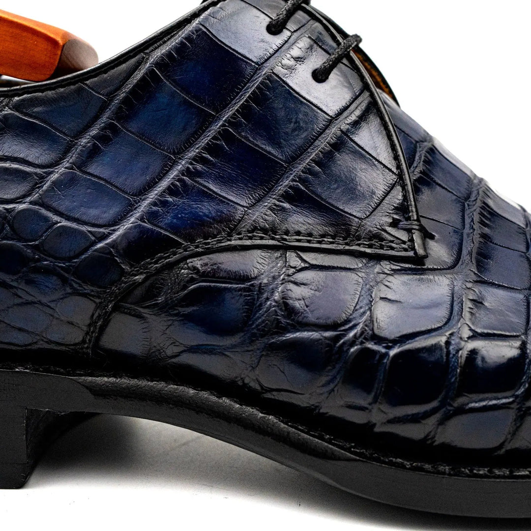 Blue Plain-Toe Crocodile Leather Derby Shoes