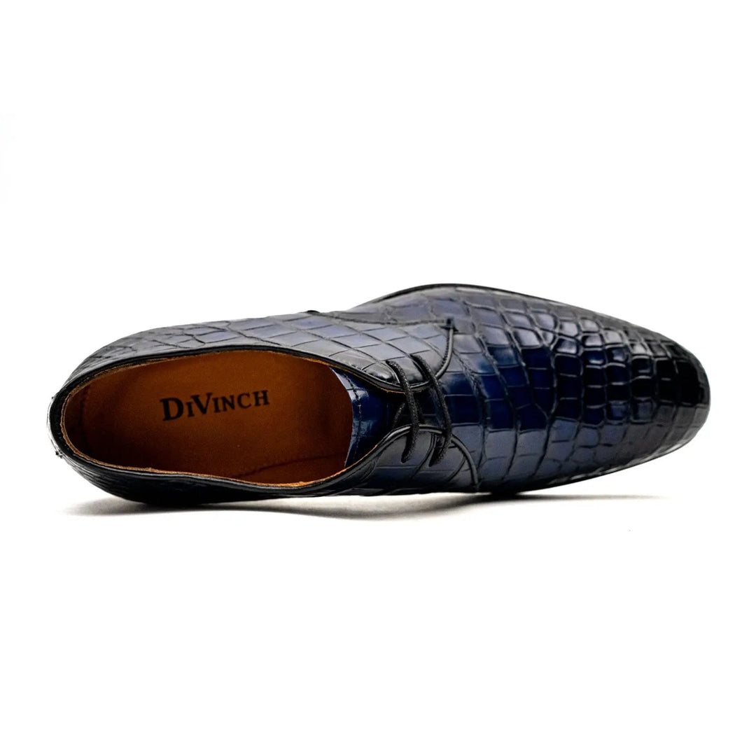 Blue Plain-Toe Crocodile Leather Derby Shoes
