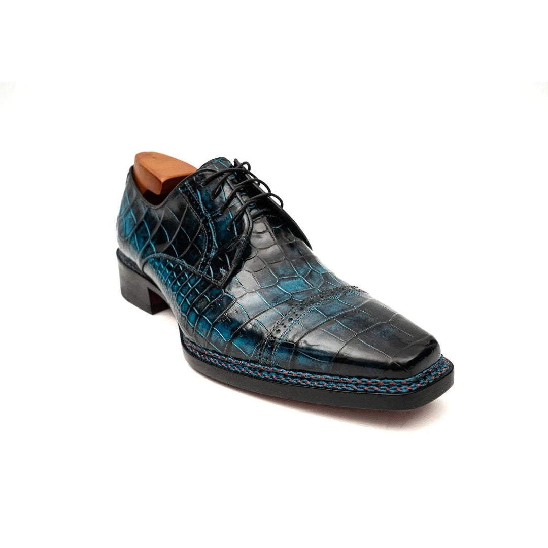 Blue Cap-Toe Crocodile Leather Derby Shoes
