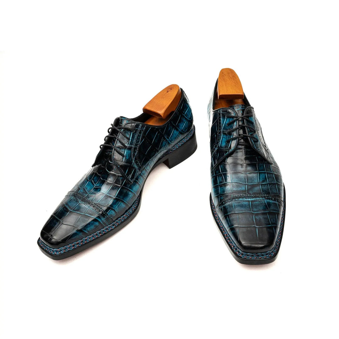 Blue Cap-Toe Crocodile Leather Derby Shoes