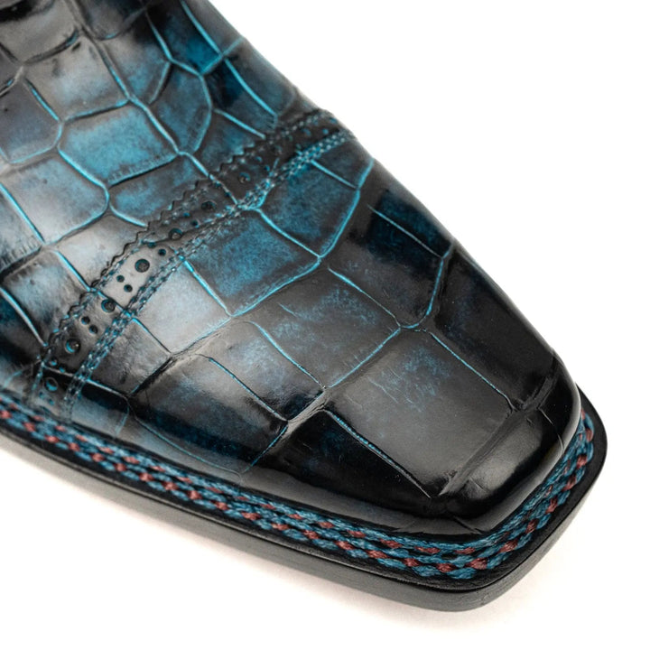 Blue Cap-Toe Crocodile Leather Derby Shoes