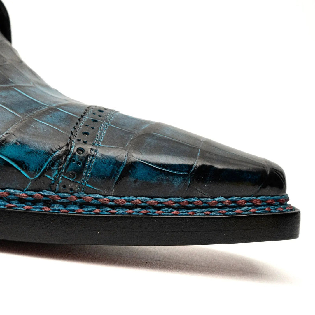 Blue Cap-Toe Crocodile Leather Derby Shoes