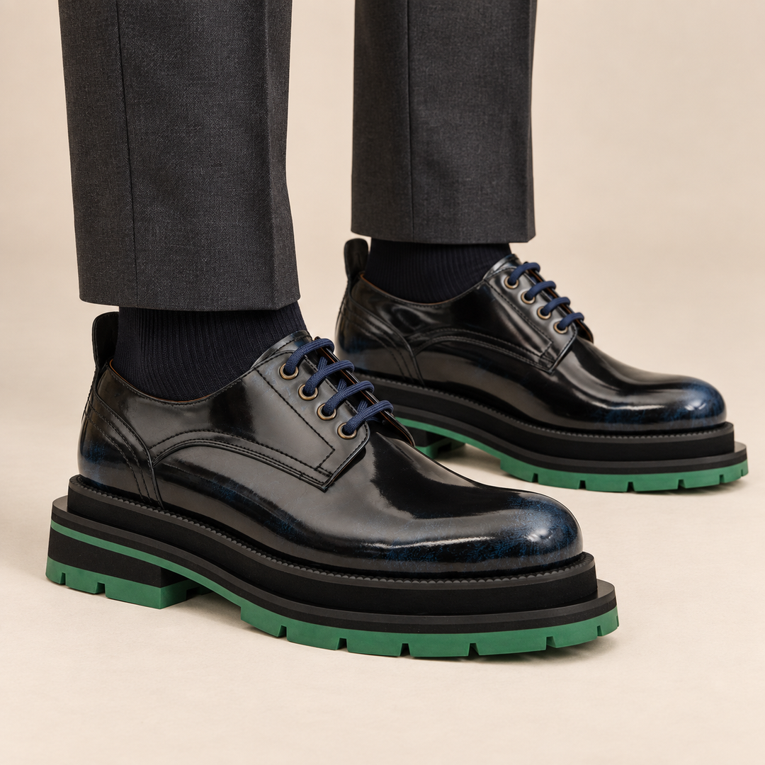 Blue Plain-Toe Calf Leather Derby Shoes