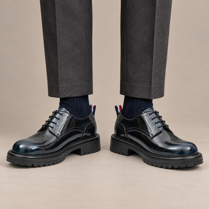 Blue Plain-Toe Cow Leather Derby Shoes