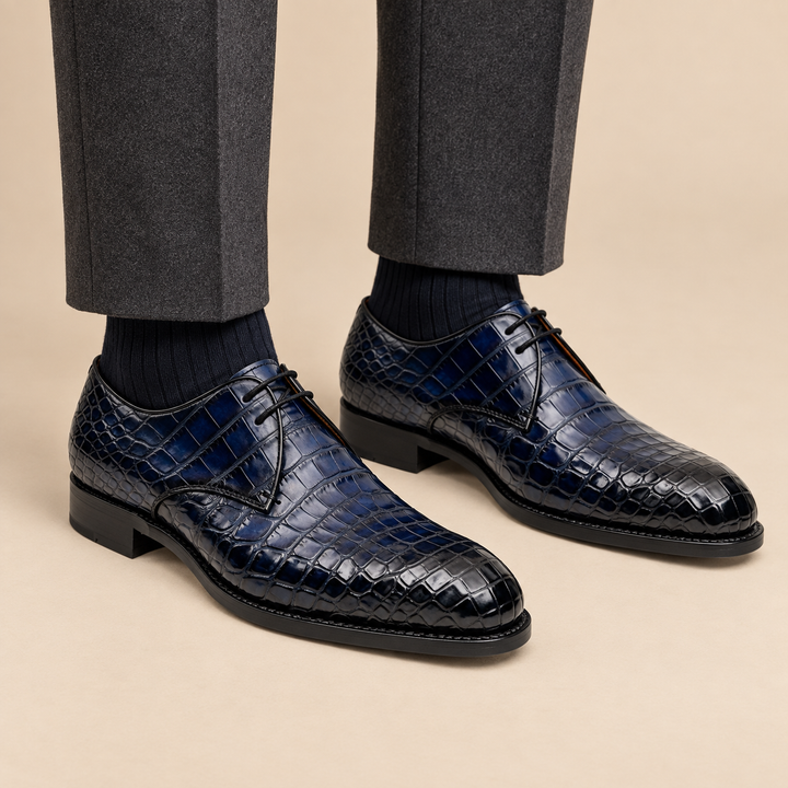 Blue Plain-Toe Crocodile Leather Derby Shoes