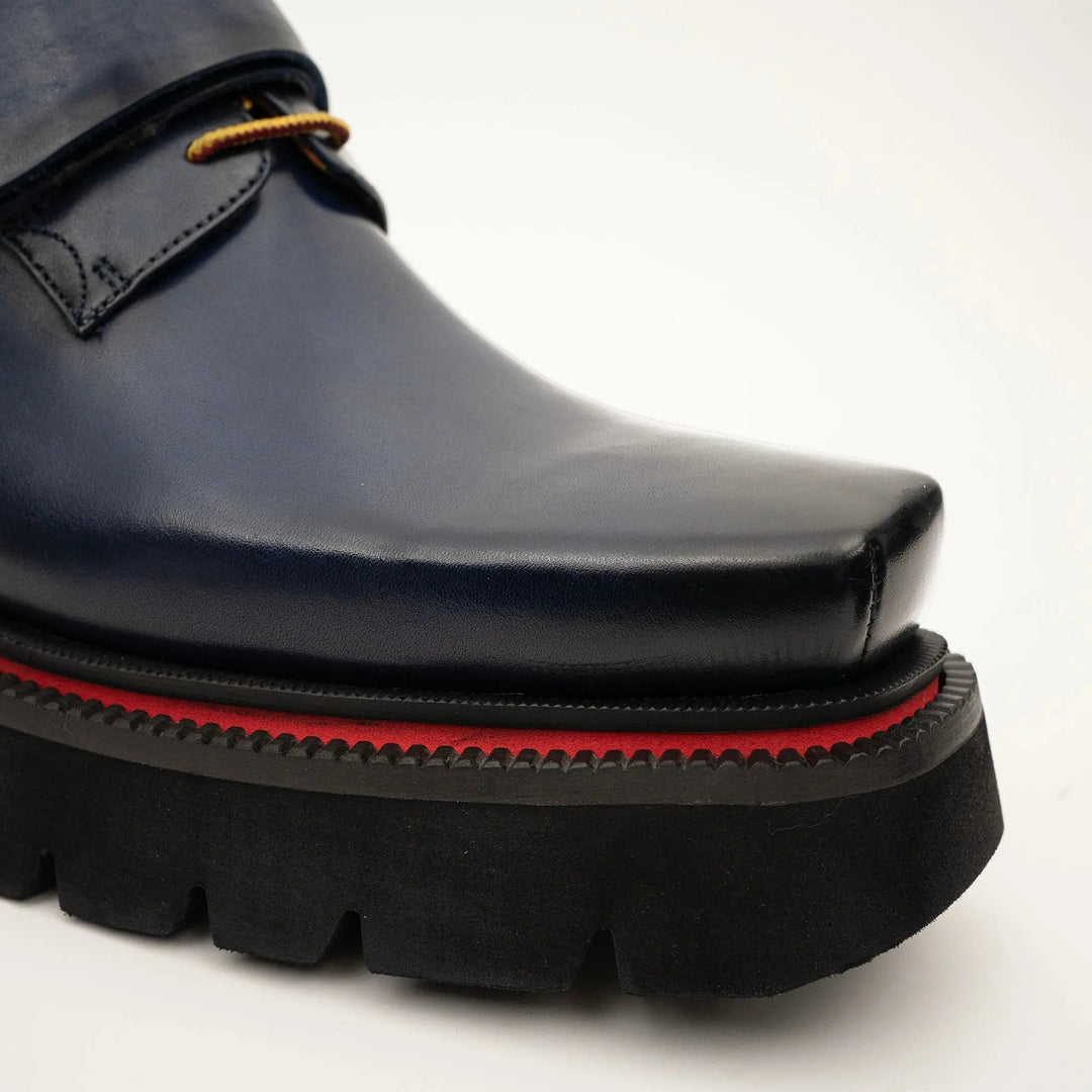 Blue Square-Toe Calf Leather Monk Shoes