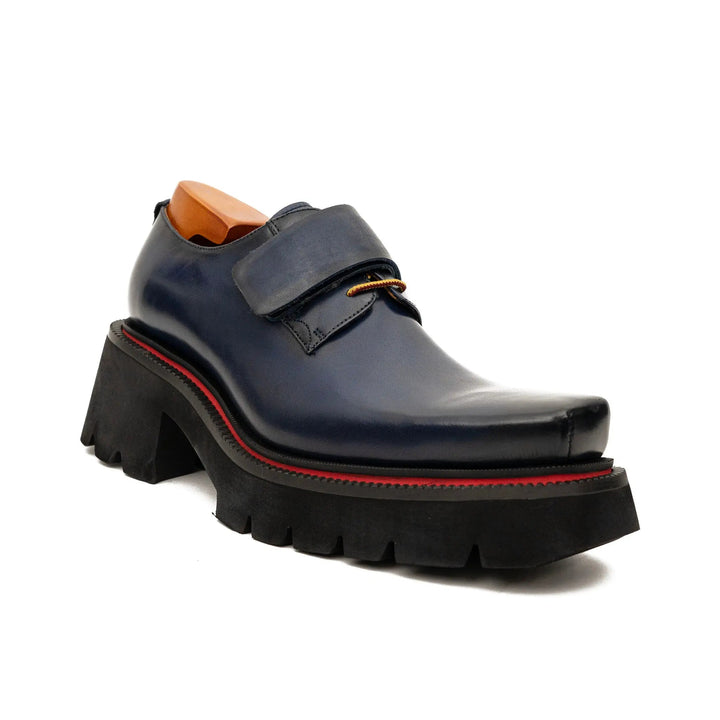 Blue Square-Toe Calf Leather Monk Shoes