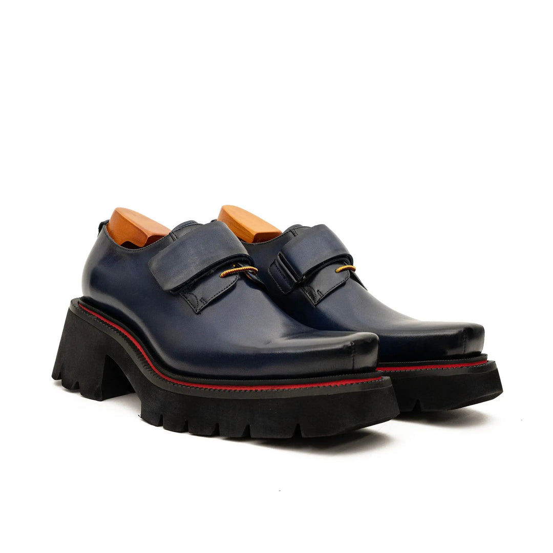 Blue Square-Toe Calf Leather Monk Shoes