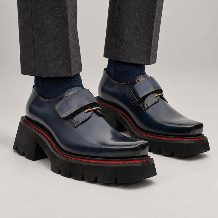 Blue Square-Toe Calf Leather Monk Shoes